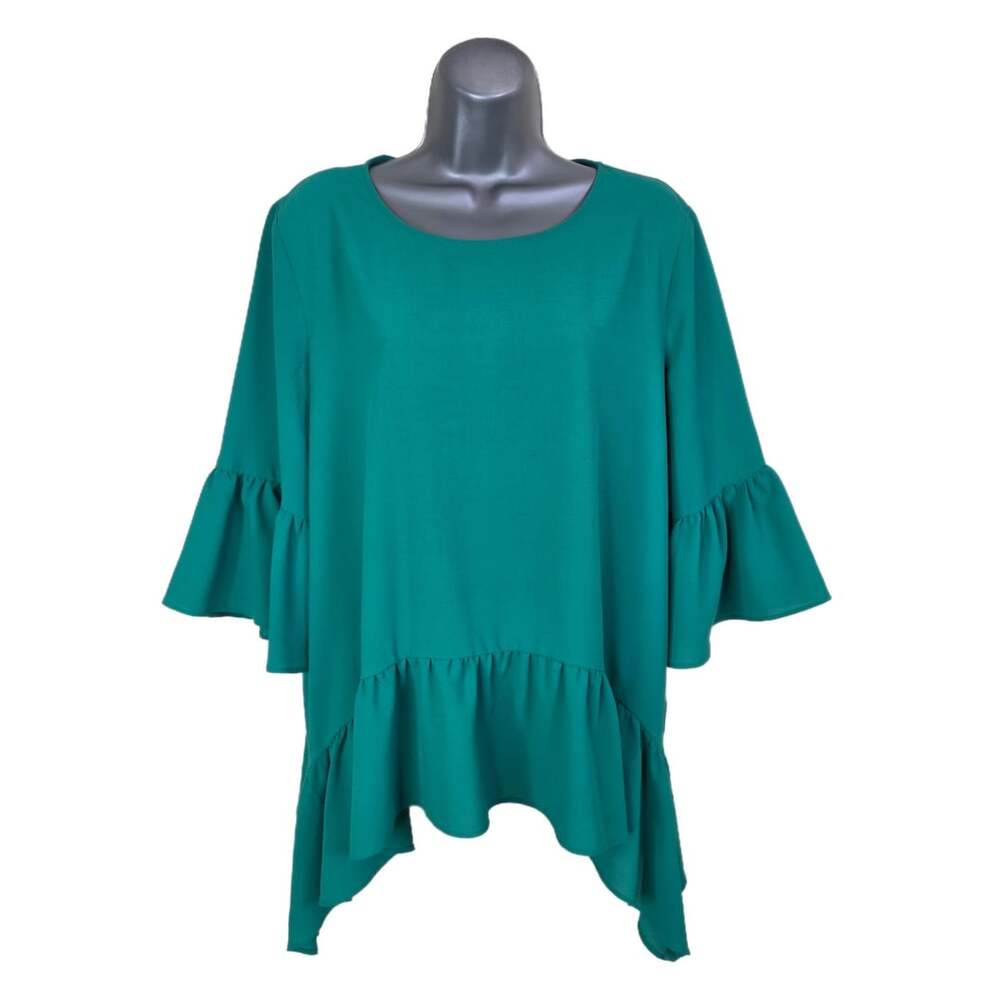 Gibson Blouse Size S Green Ruffle Handkerchief Hem 3/4 Sleeve